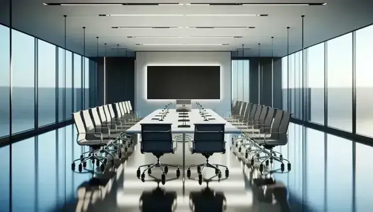 Sala de conferencias moderna y minimalista con mesa blanca larga, sillas ergonómicas negras, laptops y micrófonos sobre la mesa, pantalla grande apagada y ventana con vista al cielo azul.