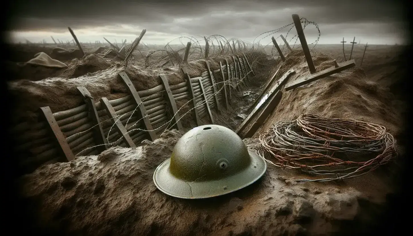Casco militar de la Primera Guerra Mundial sobre tierra removida, alambre de púas oxidado y trincheras erosionadas bajo un cielo nublado, evocando un campo de batalla desolado.