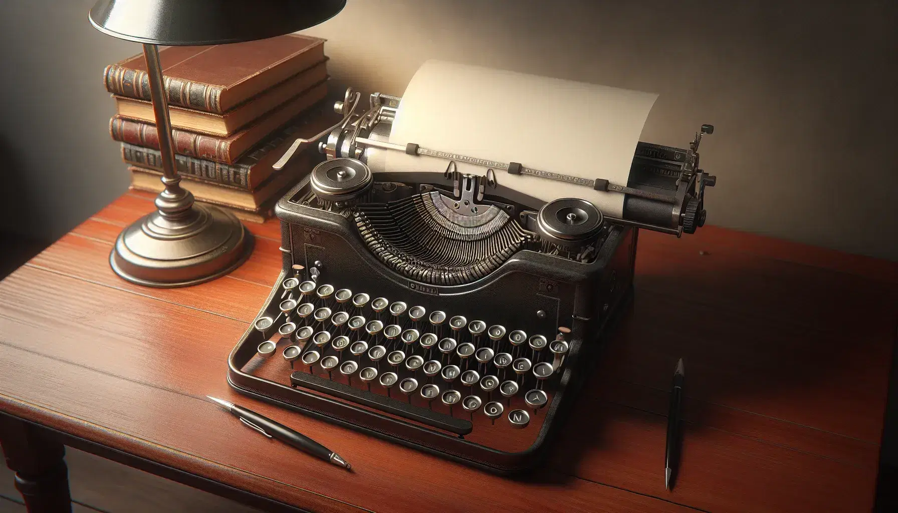 Vintage typewriter with blank paper on a mahogany desk beside a stack of books and a warm-glowing lamp, evoking a classic writing ambiance.