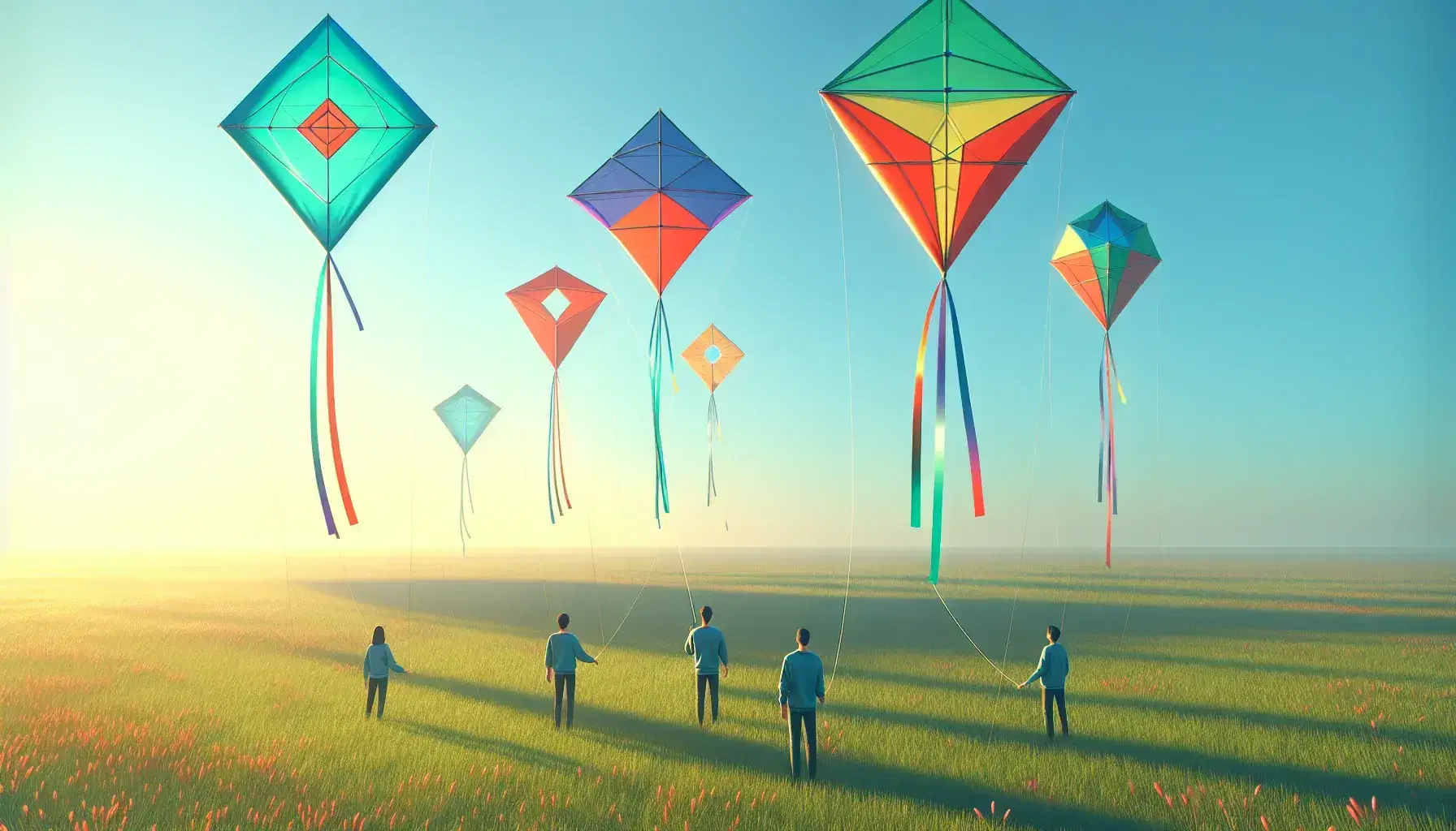 Three colorful kites shaped as triangle, square, and pentagon fly in a blue sky, held by individuals standing in a grassy field forming a triangle.