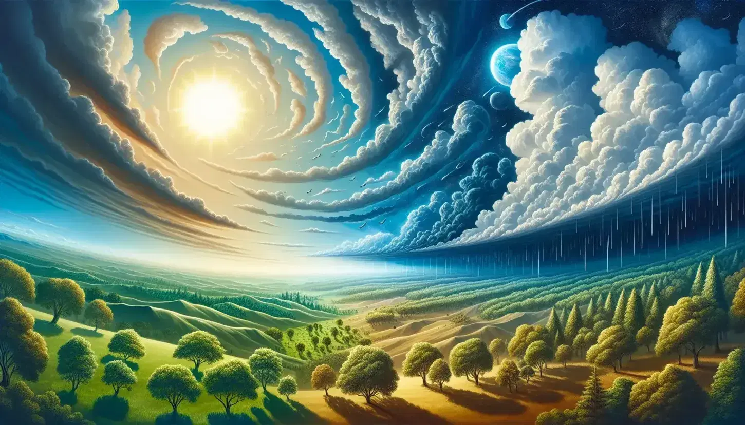 Green landscape with trees and hills, blue sky with cumulus clouds and rain in the distance, low sun radiating golden light.