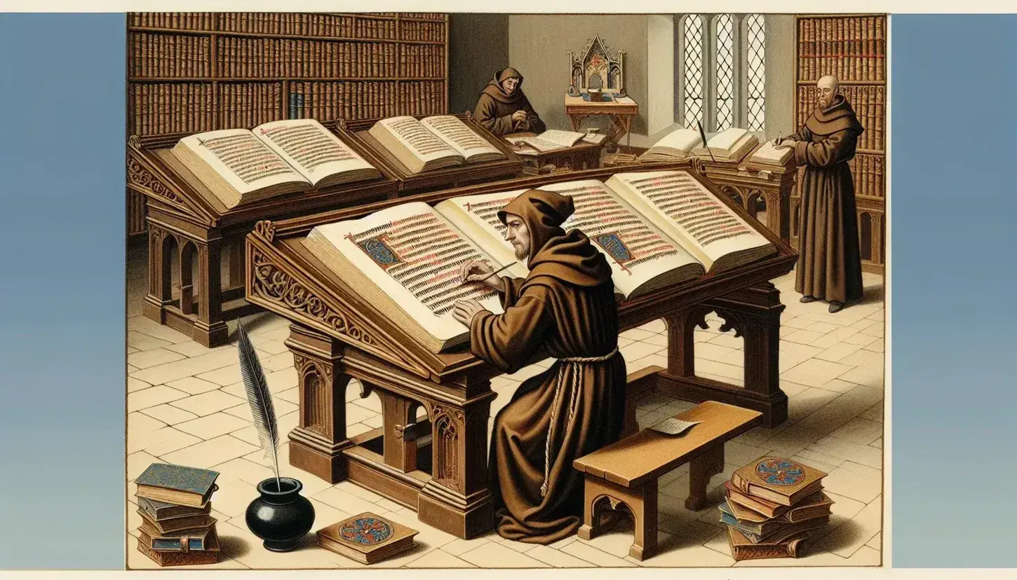 Monjes copistas trabajando en un scriptorium medieval con libros en atriles de madera, estantes llenos y luz suave entrando por ventana arqueada.
