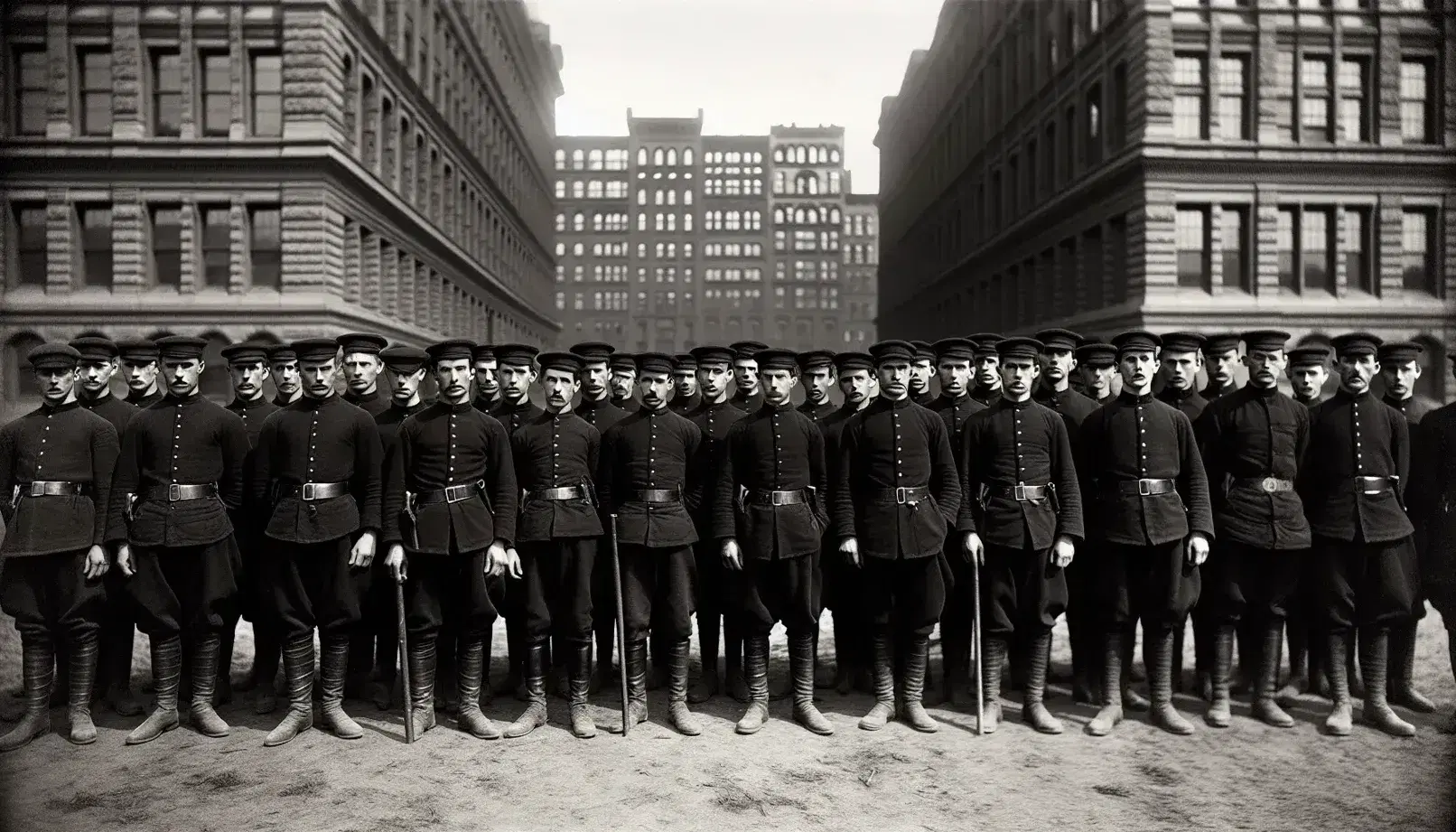 Gruppo di uomini in uniforme nera e cappelli alati posano seri in fila su sfondo di edifici cittadini sotto cielo sereno.