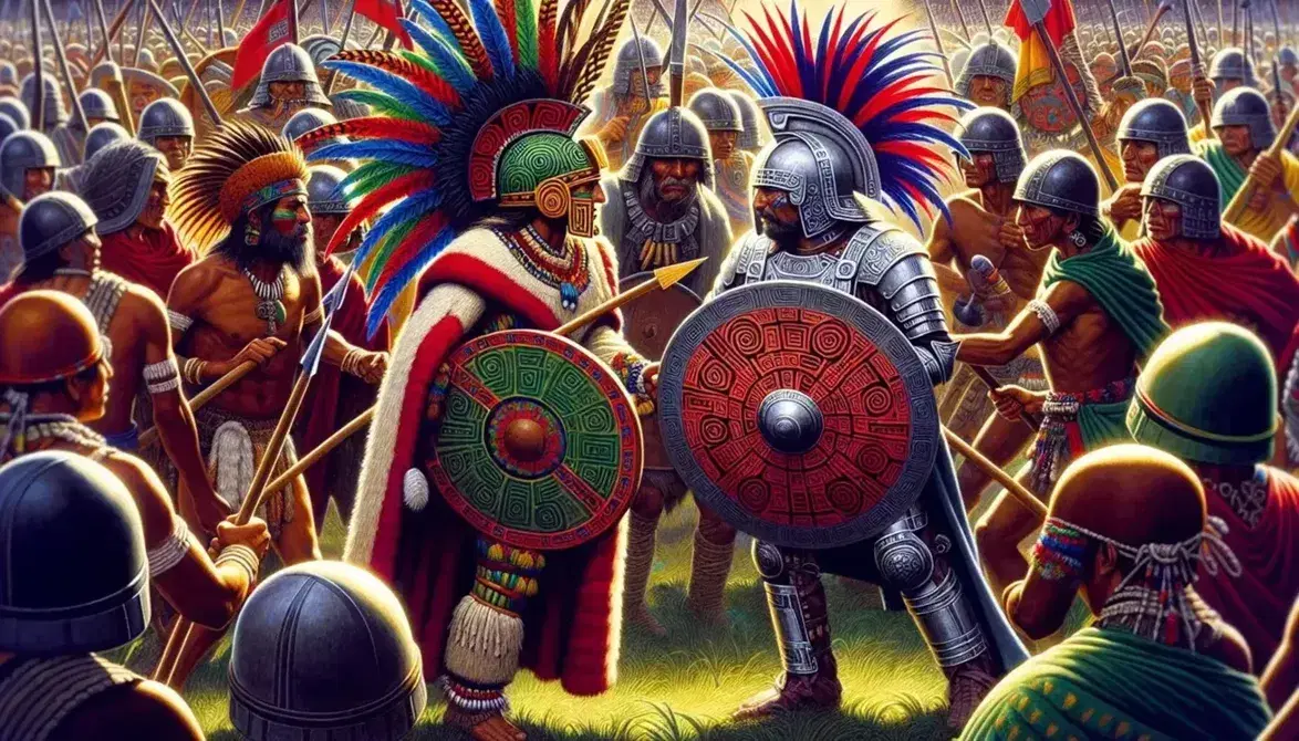 Guerrero azteca con armadura de algodón y macuahuitl enfrenta a conquistador español armado, batalla con luchadores y templos al fondo bajo cielo azul.