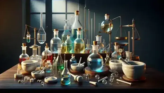 Frascos de vidrio con líquidos de colores en laboratorio clásico, morteros de porcelana, varillas de vidrio y balanza, sobre mesa de madera oscura.