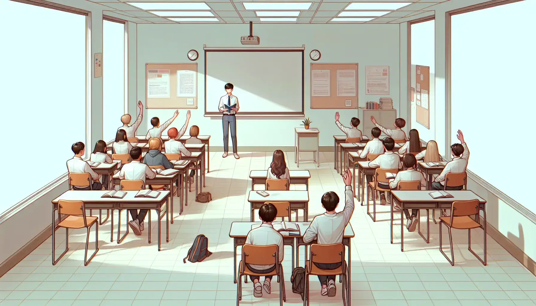 Diverse students in a semi-circle around a gender-neutral teacher gesturing during a lecture in a pastel-colored classroom with a clean whiteboard and no decor.