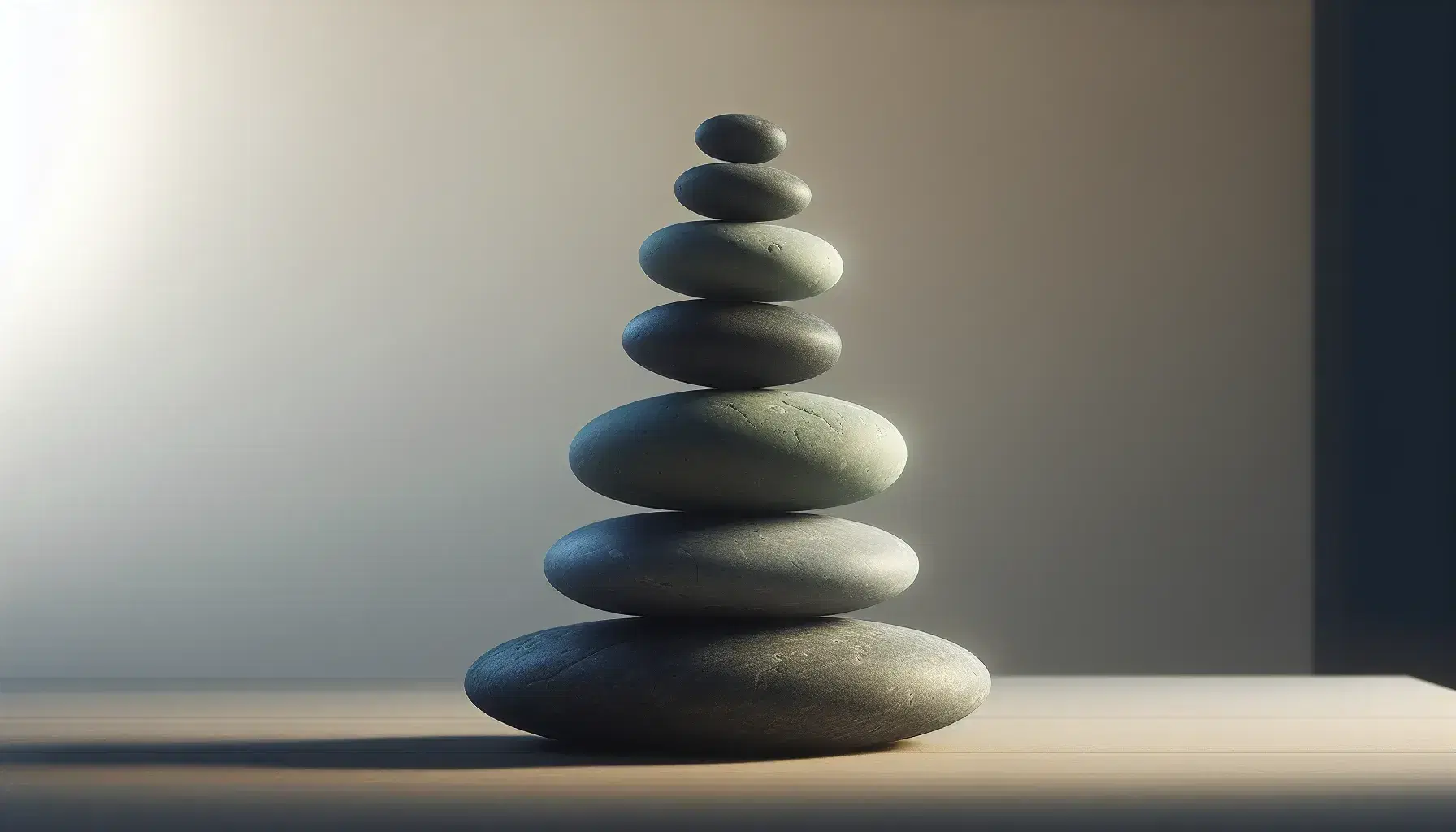 Stacked smooth pebbles in ascending size order on a wooden table, with soft shadows and a blurred cream-to-taupe background.