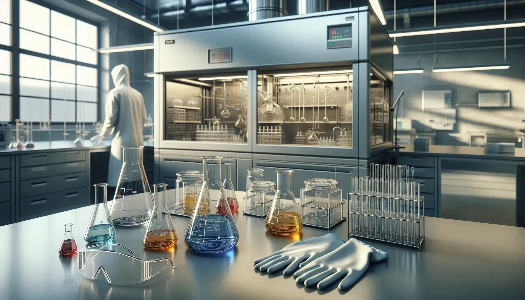 Laboratorio de investigación industrial con mesa de trabajo, frascos de vidrio con líquidos de colores, guantes de seguridad, gafas protectoras y técnico en bata blanca.