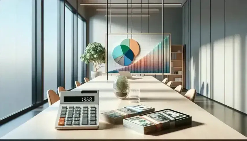 Oficina moderna con mesa de madera, calculadora, billetes, gráfico de pastel 3D, smartphone y planta junto a ventana con cielo despejado.