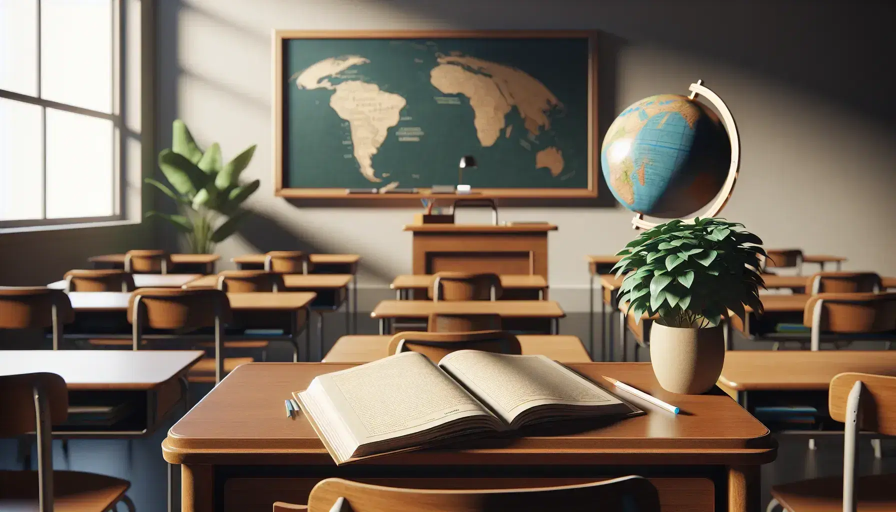 French language classroom with teacher's desk, open blank textbook, clean blackboard, globe, plant, and rows of student desks in a serene setting.