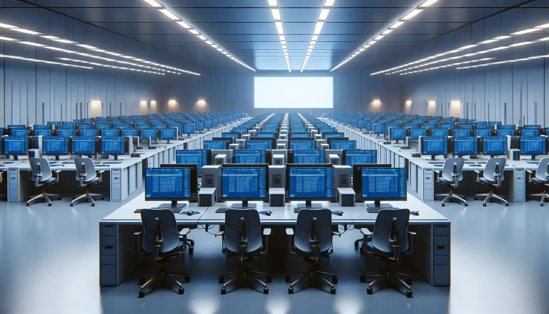 Sala de informática con filas de mesas y ordenadores de escritorio encendidos, sillas ergonómicas y personas trabajando en un entorno iluminado.