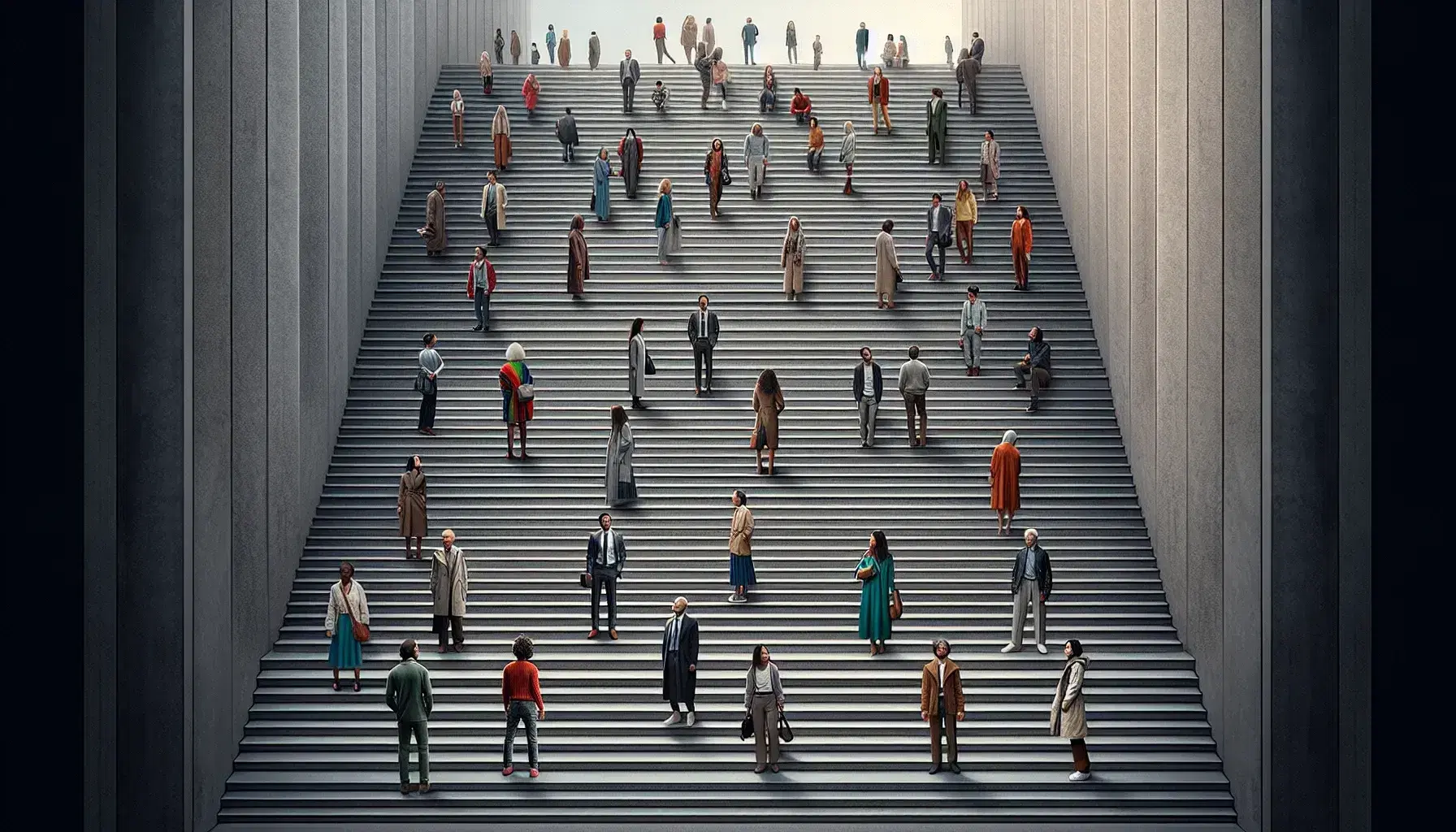 Grupo de personas en escaleras grises al aire libre, con más individuos en los escalones inferiores vestidos en tonos de azul y gris, y menos en los superiores con ropa más colorida y elegante.