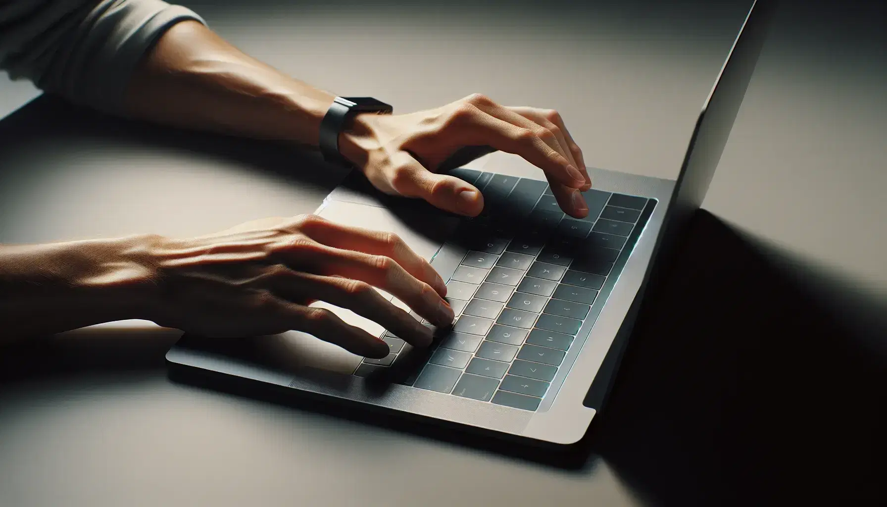 Close-up view of hands poised to type on a modern laptop's keyboard, set on a clean desk, highlighting a focused work setting.