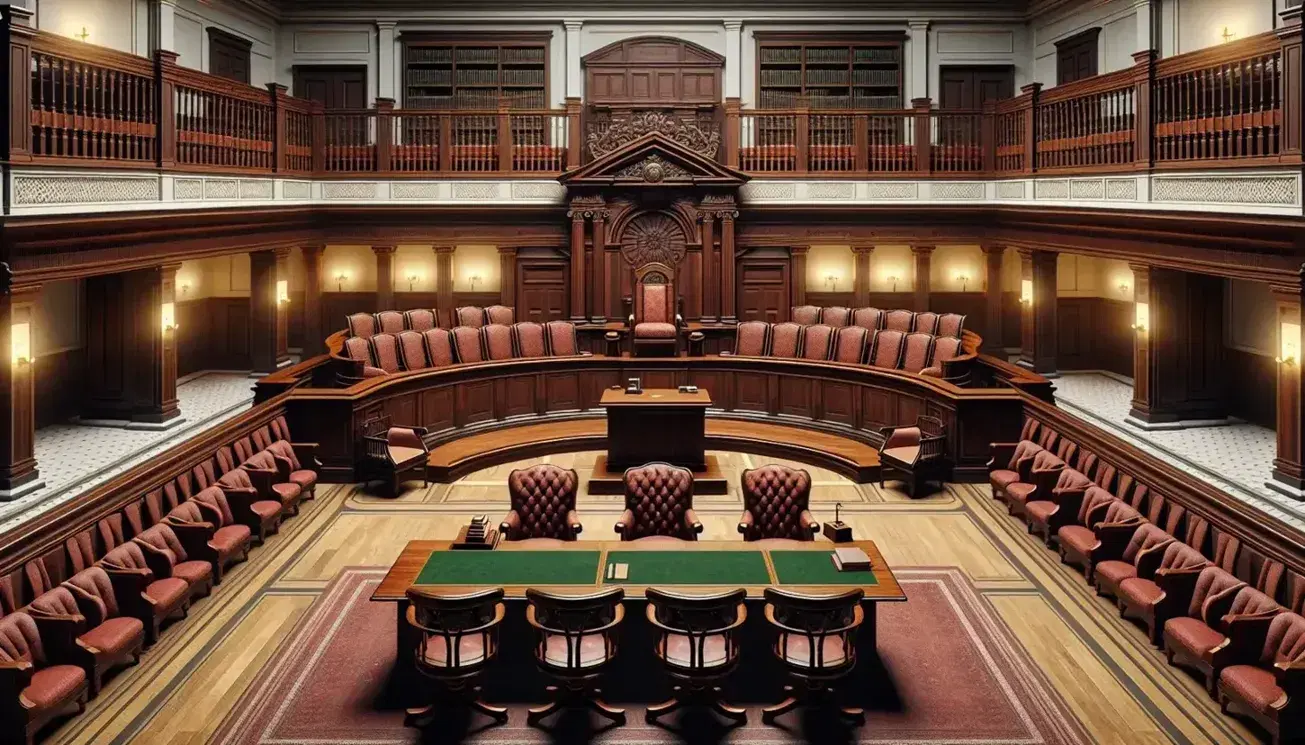 Elegant courtroom interior with a mahogany judge's bench, jury box with red velvet chairs, spectator benches, brass chandelier, and arched windows.