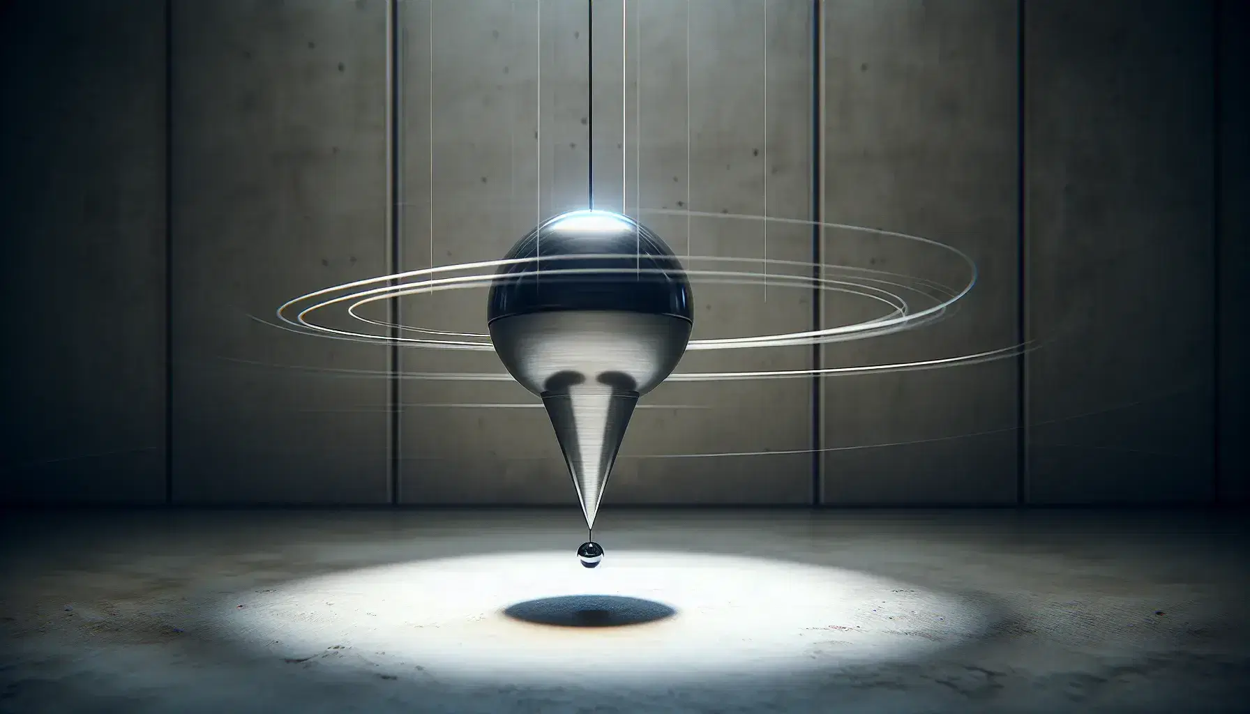 Pendolo conico in movimento con sfera metallica riflettente su filo sottile contro pavimento chiaro sfocato.