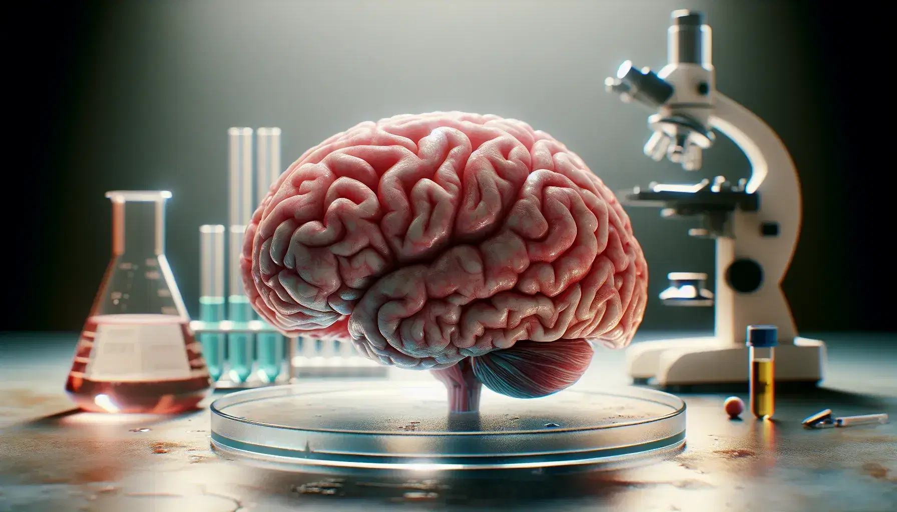 Cerebro humano en primer plano sobre base transparente en laboratorio con microscopio y tubos de ensayo desenfocados al fondo.