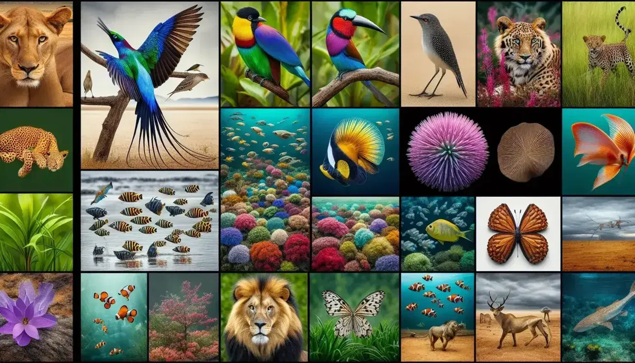 Collage de especies diversas incluyendo ave colorida, león en sabana, peces tropicales, mariposa, planta con flores, hongos, algas y microorganismos.
