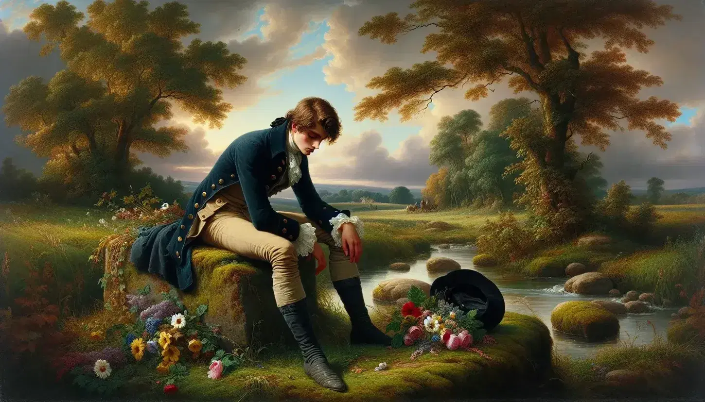Giovane uomo in abiti d'epoca riflette seduto su roccia muschiosa, con cappello nero accanto e sfondo di paesaggio campestre al tramonto.