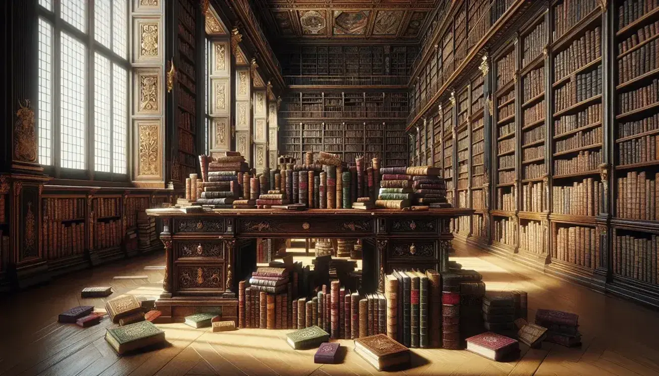 Biblioteca antica con scrivania in legno scuro, libri impilati disordinatamente, scaffali pieni, luce naturale da finestra e statuetta di gufo.