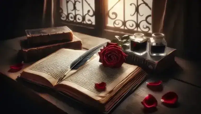 Scrivania in legno scuro con libro antico aperto, penna d'oca e calamaio, e rosa rossa con petali caduti, sotto luce soffusa da finestra.