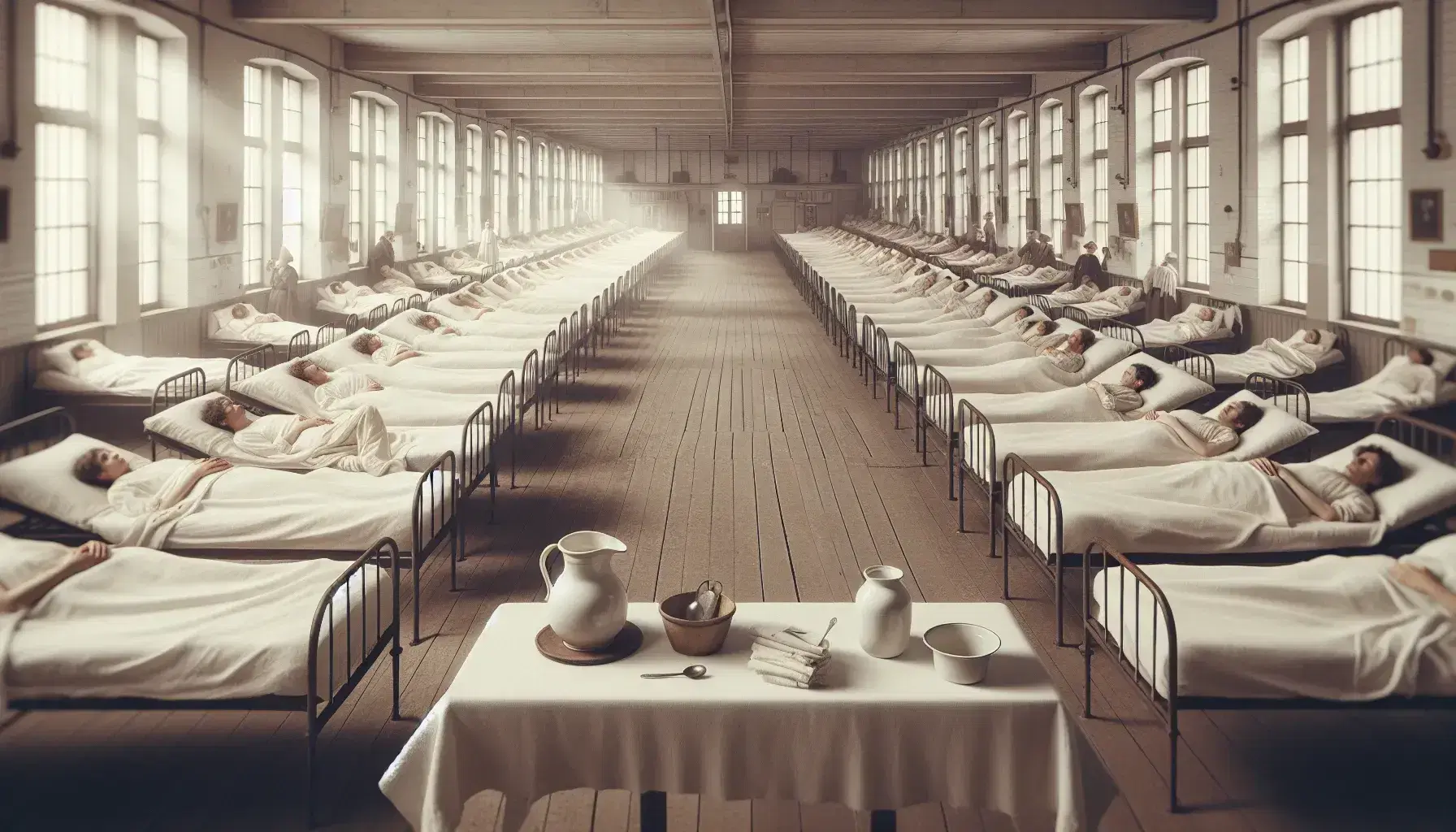 Nineteenth-century hospital ward with rows of beds and patients, some in distress, under soft light with a table holding medical supplies.