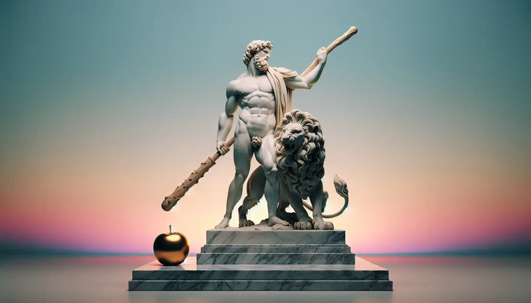 Statua in marmo di Ercole muscoloso con clava e pelle del leone di Nemea, su piedistallo grigio, con mela d'oro ai piedi.