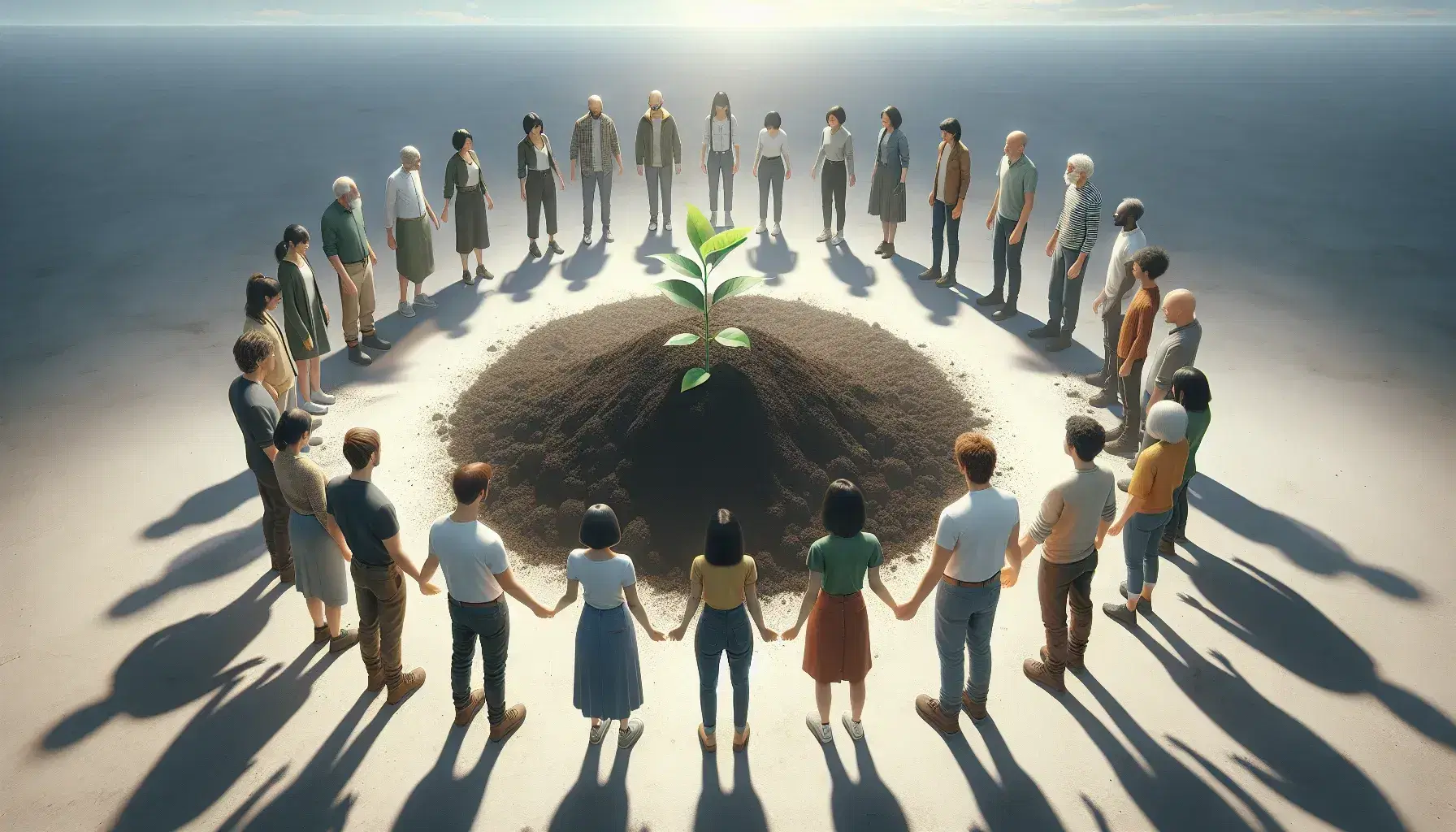 Grupo diverso de personas en círculo alrededor de una planta joven bajo la luz del sol, expresando cuidado y comunidad en un espacio abierto con cielo despejado.