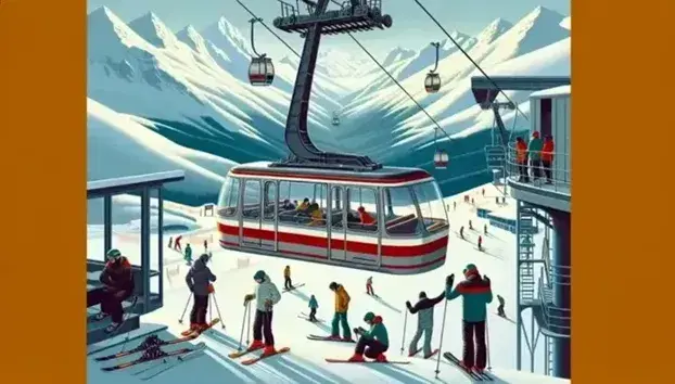 Paesaggio montano innevato con cabina rossa di funivia, sciatori e snowboarder in attrezzatura colorata e spettatori vicino a pista delimitata.