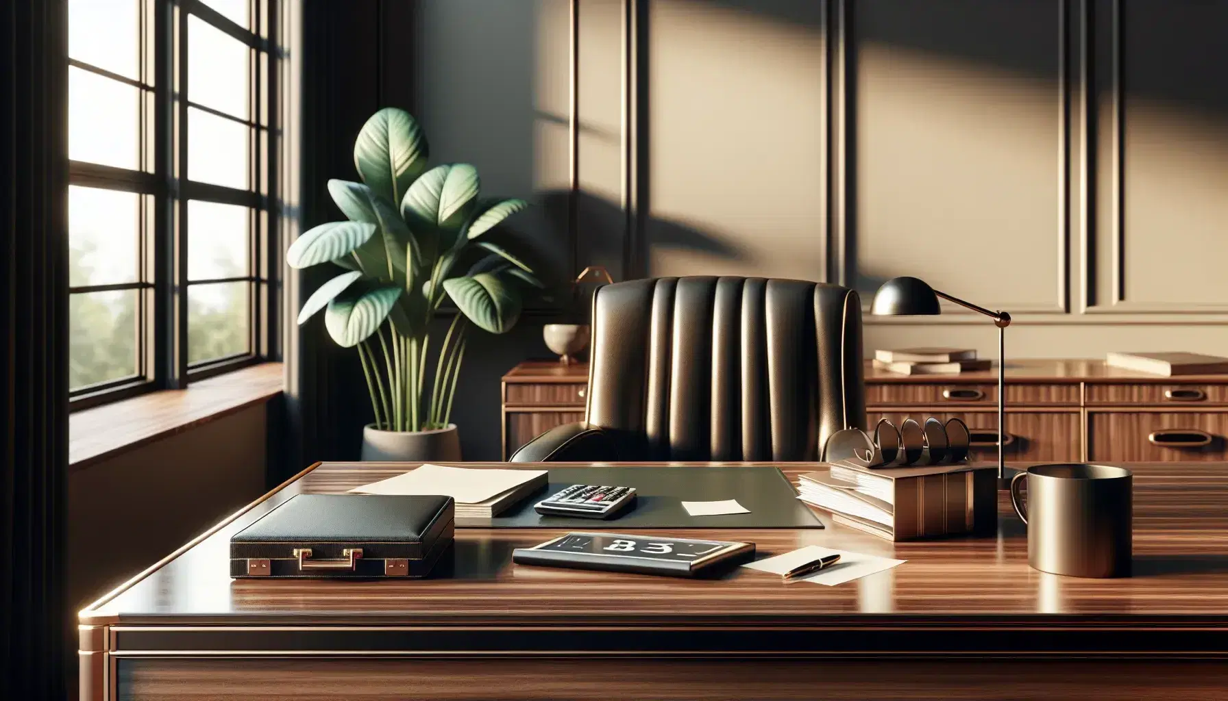 Professional credit management workspace with a polished wooden desk, ergonomic black leather chair, calculator, papers, briefcase, and a potted plant by a large window.