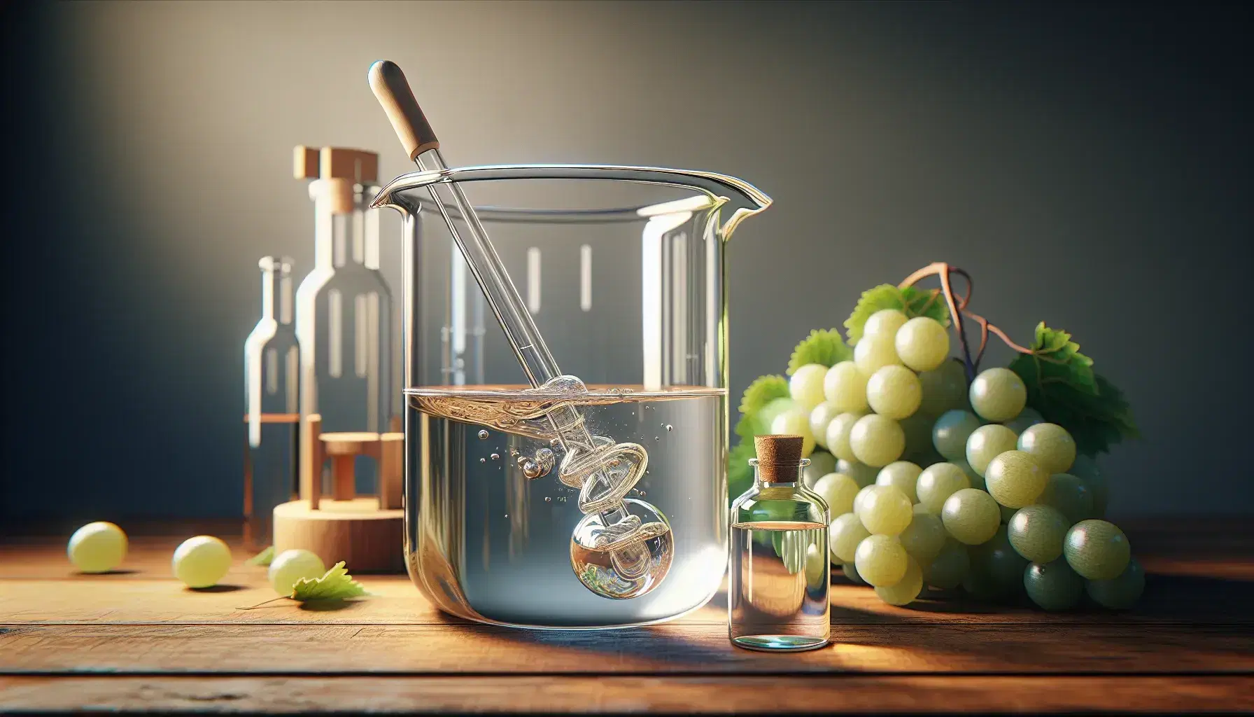 Glass beaker with clear liquid and stirring rod on wooden laboratory bench, near brown vial with pale yellow liquid and bunch of green grapes.