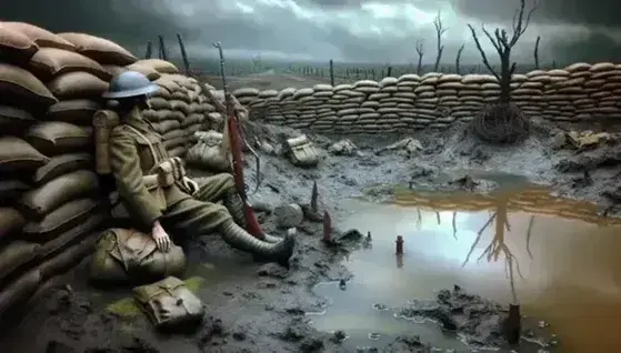 Paesaggio di trincea della Prima Guerra Mondiale con soldato seduto, sacchi di sabbia, filo spinato e albero spoglio sotto cielo nuvoloso.