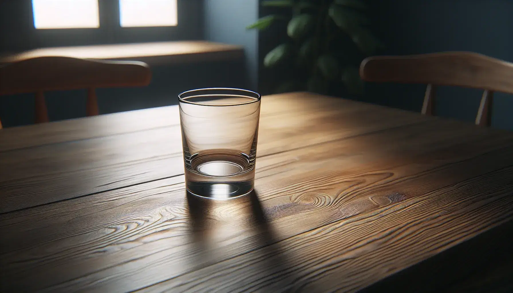 Empty clear glass on a dark wooden table with soft lighting and blurred greenery in the background, conveying a serene atmosphere.