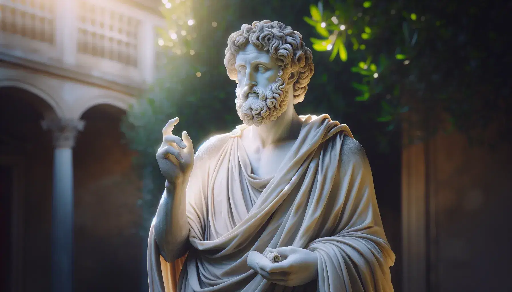 Statua marmorea di Ippocrate con barba riccia e toga, mano destra alzata e rotolo nella sinistra, su piedistallo in giardino illuminato dalla luce naturale.