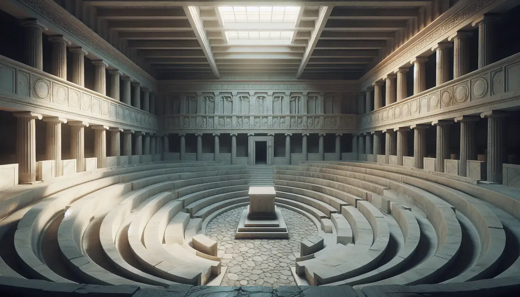 Sala assembleare antica in stile greco-romano con sedili in pietra a semicerchio e piattaforma centrale per oratore, illuminata da luce naturale.
