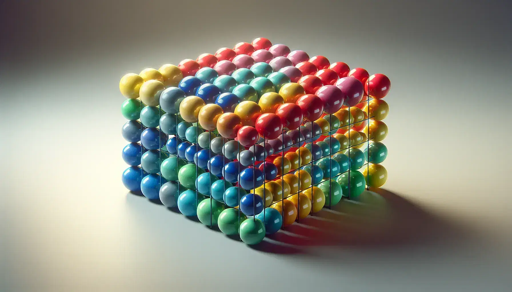 Colorful, shiny balls in red, blue, green, yellow, and purple arranged in a grid pattern on a light gray surface with soft shadows.