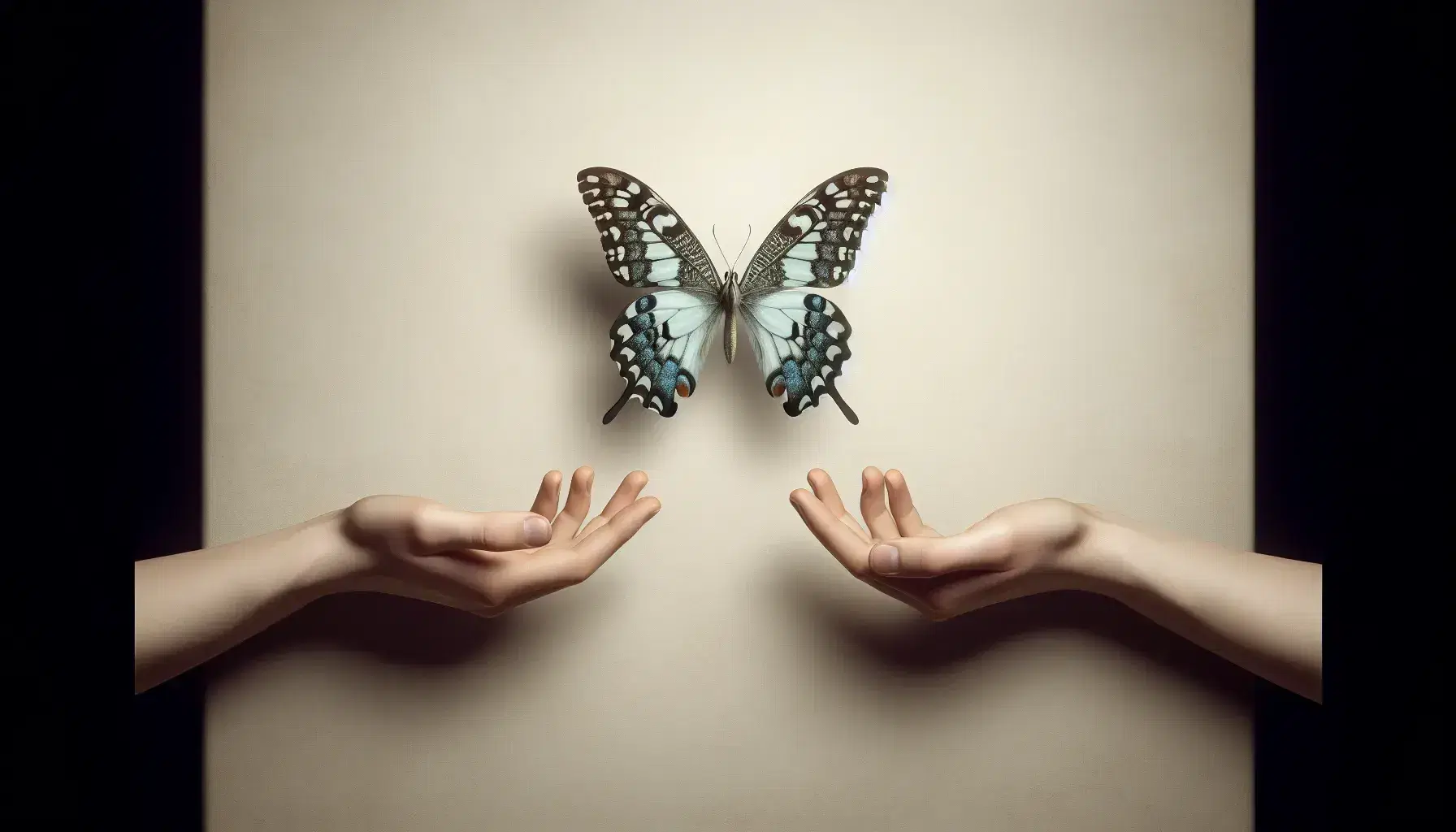 Mariposa con alas extendidas en tonos de azul, negro y blanco, suspendida entre dos manos humanas enfrentadas sobre fondo neutro.