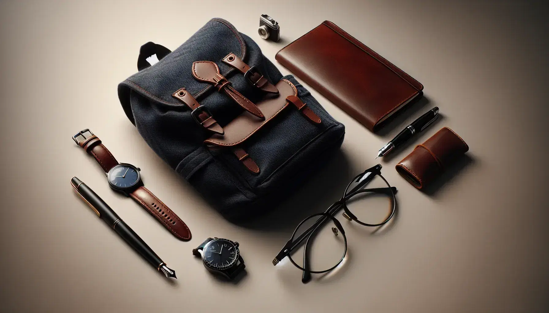 Zaino blu scuro in tela con dettagli in pelle marrone, orologio con cinturino in pelle, occhiali con montatura nera, penna stilografica e diario in pelle su sfondo chiaro.