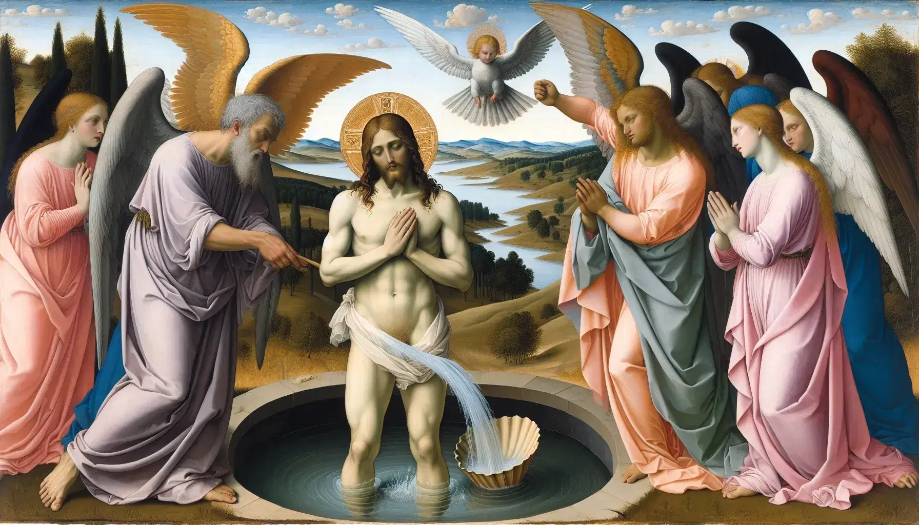 Riproduzione del dipinto "Il Battesimo di Cristo" di Piero della Francesca con Gesù nel Giordano, Giovanni Battista, tre angeli e la colomba dello Spirito Santo.