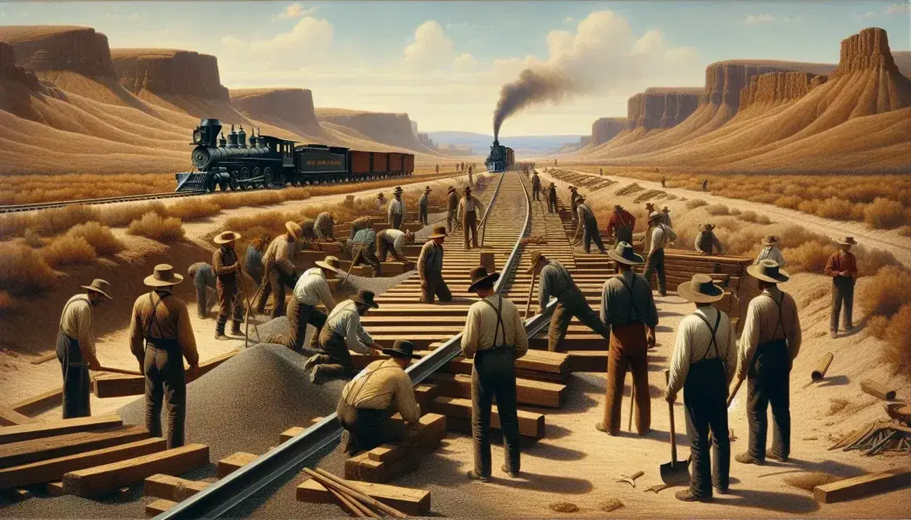 Trabajadores colocando durmientes de madera en construcción de ferrocarril en paisaje árido con locomotora a vapor al fondo.