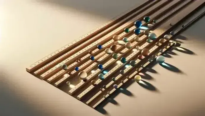 Reglas de madera alineadas en gradación de tamaño con canicas de vidrio transparente de colores variados reflejando luz sobre superficie lisa.