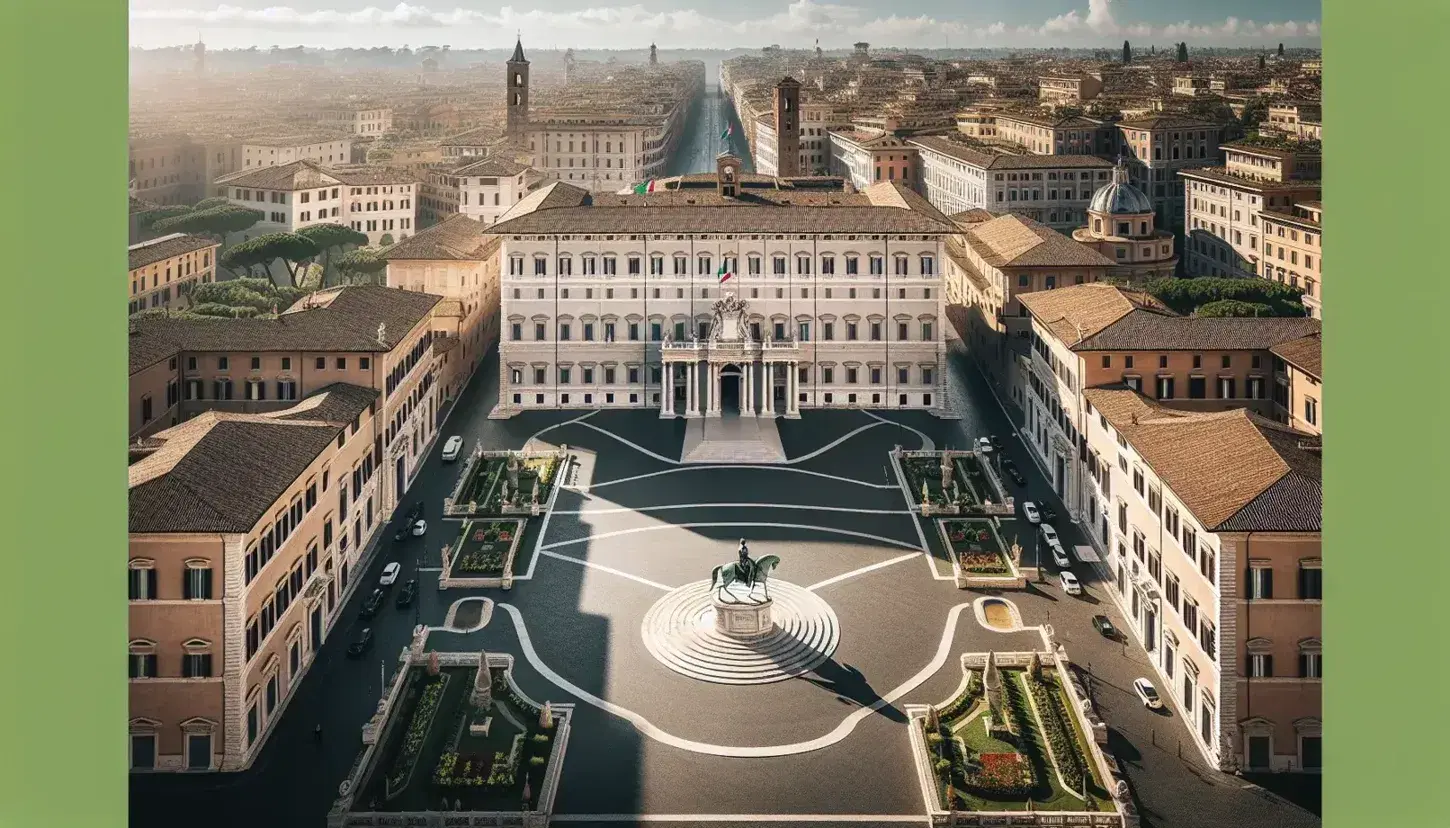 Veduta aerea del Palazzo del Quirinale a Roma, con piazza antistante, statua equestre e giardini curati, sotto un cielo sereno.