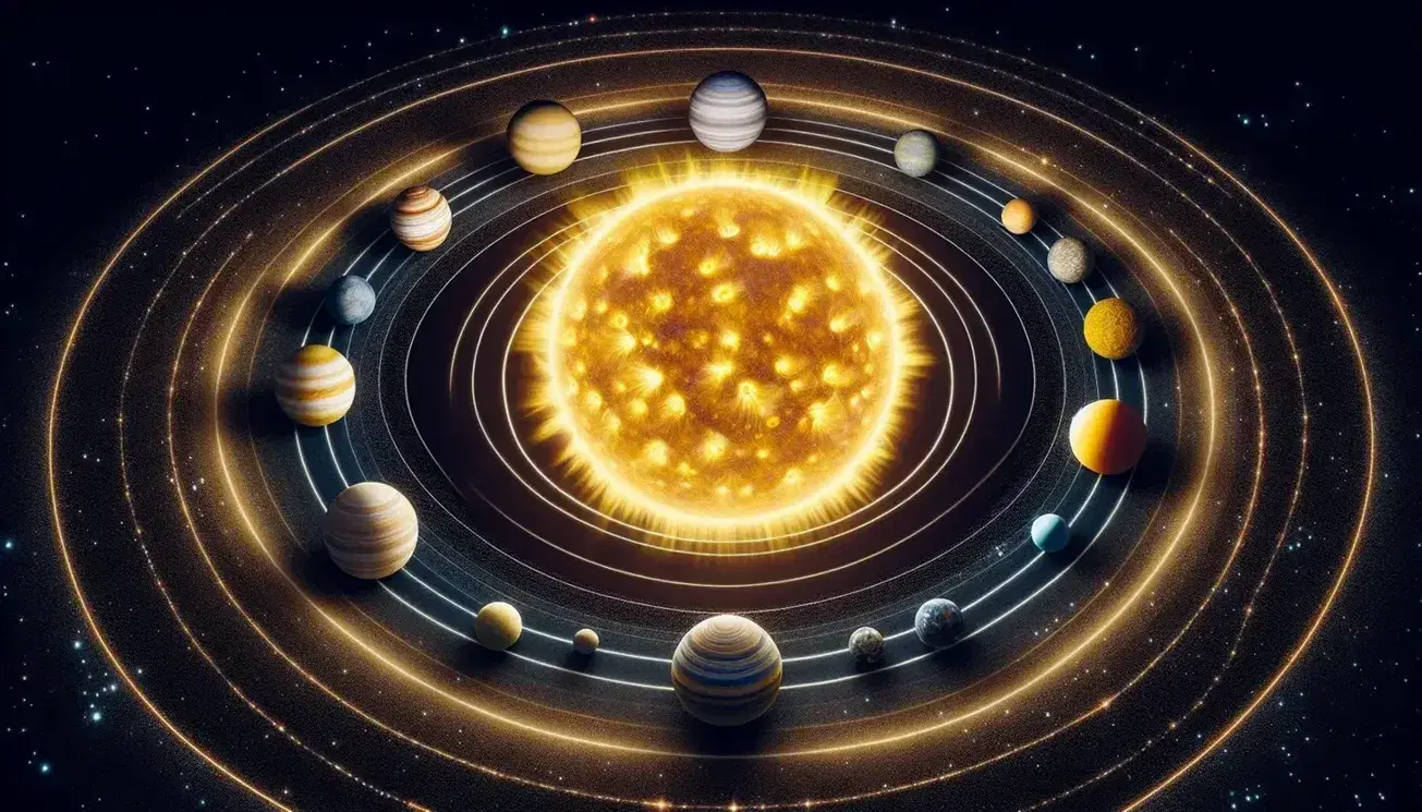 Rappresentazione fotografica del Sistema Solare con otto pianeti in orbita attorno al Sole centrale e astronauta in primo piano.
