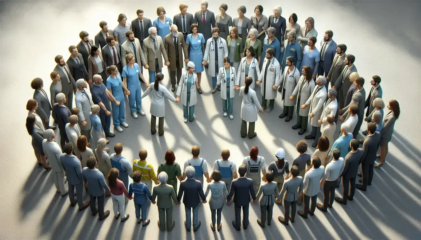 Grupo diverso de profesionales uniendo manos en señal de trabajo en equipo y unidad, con vestimenta de distintas ocupaciones y sin distracciones en el fondo.