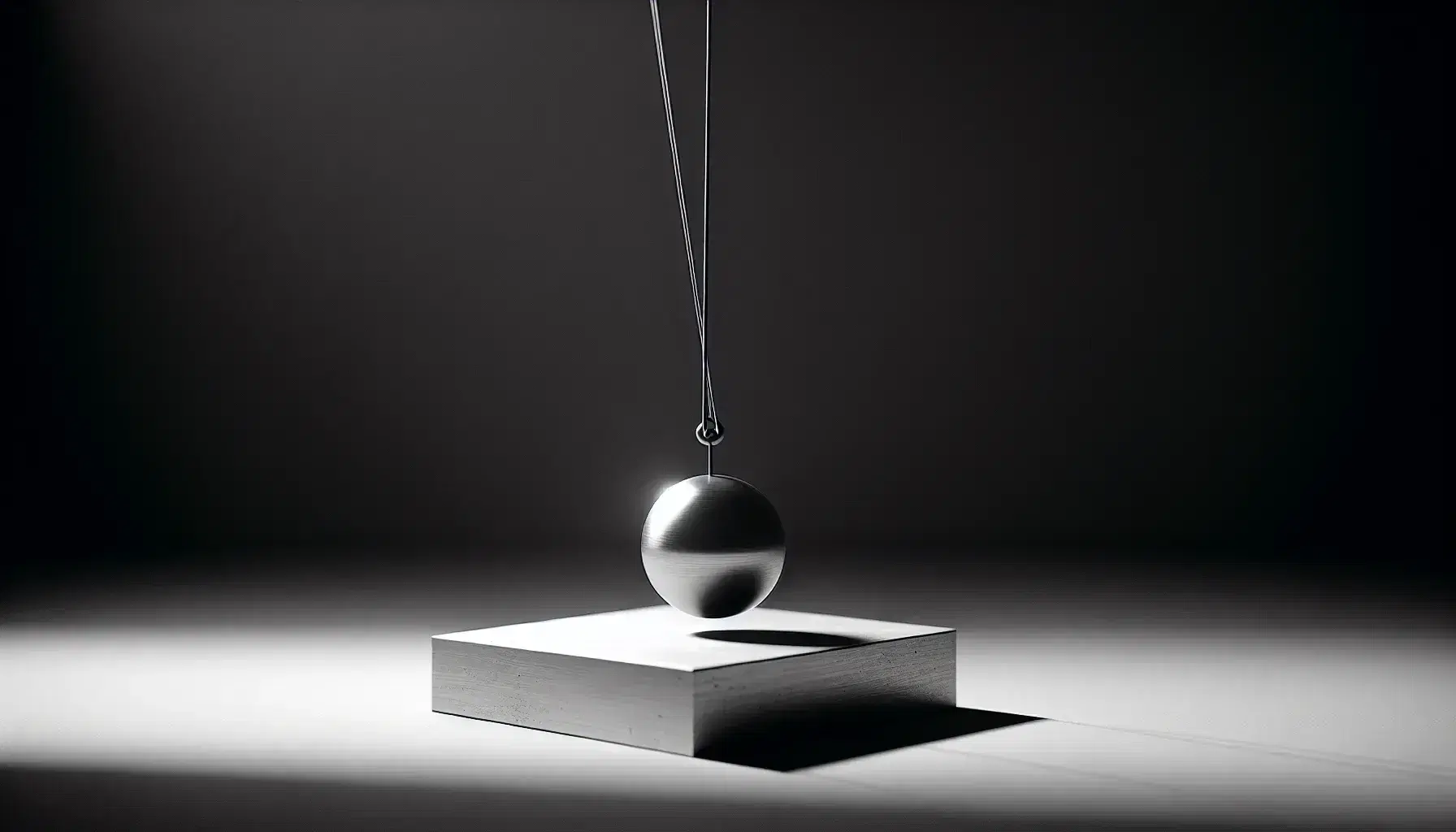 Péndulo simple en movimiento con esfera metálica brillante en el punto más alto de su trayectoria, fondo monocromático desenfocado y superficie horizontal lisa.