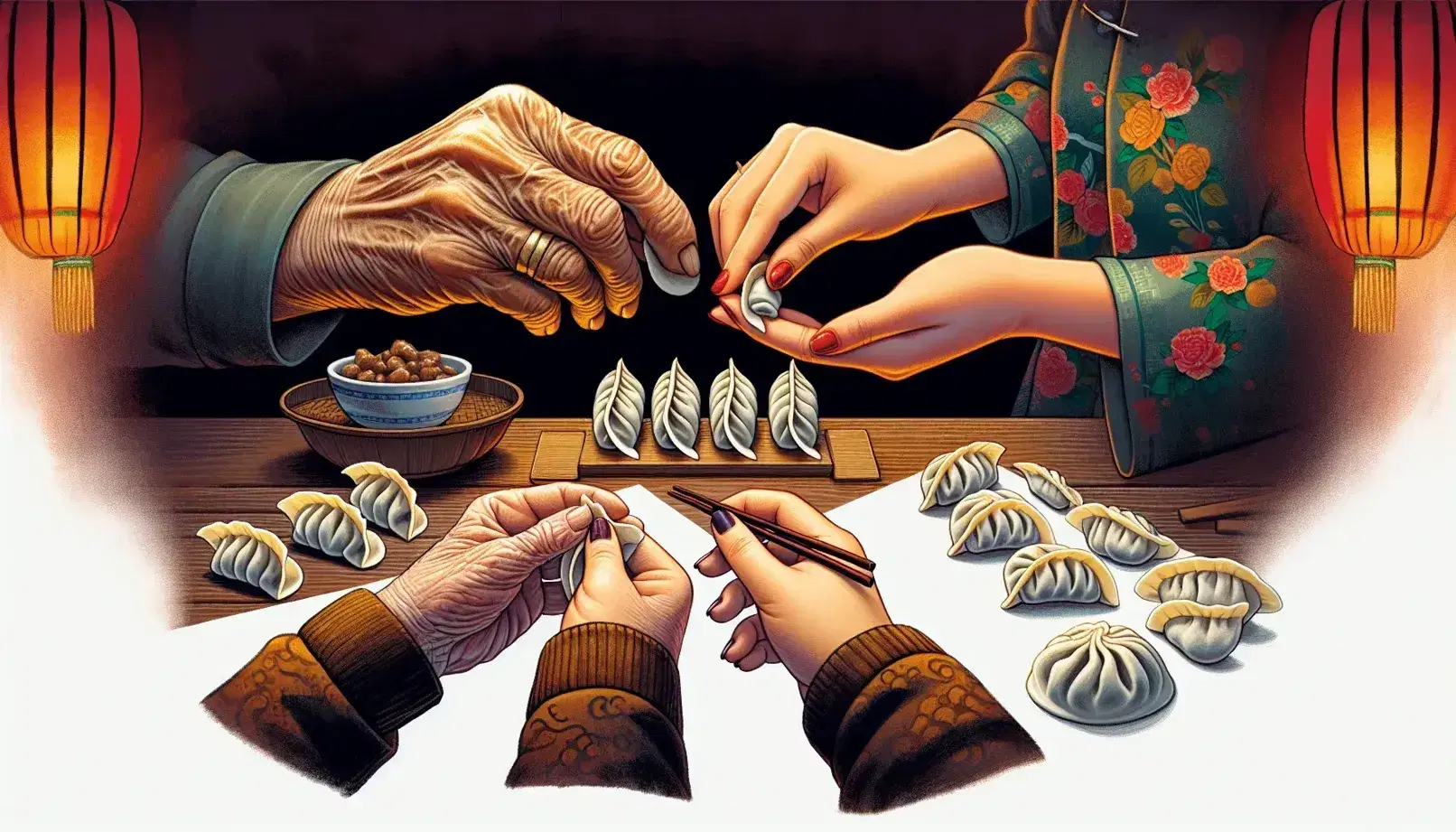 Two women, one elderly with wrinkled hands and the other younger with painted nails, fold dumplings together on a wooden table amid wrappers and filling, with a paper lantern in the background.