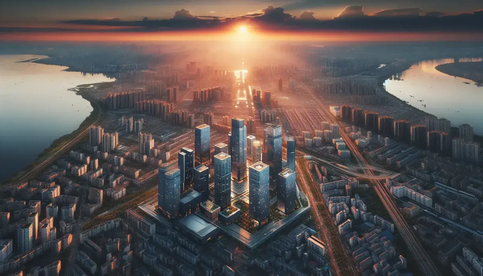 Veduta aerea di una città moderna al tramonto con grattacieli scintillanti, fiume serpeggiante e aree verdi sparse.