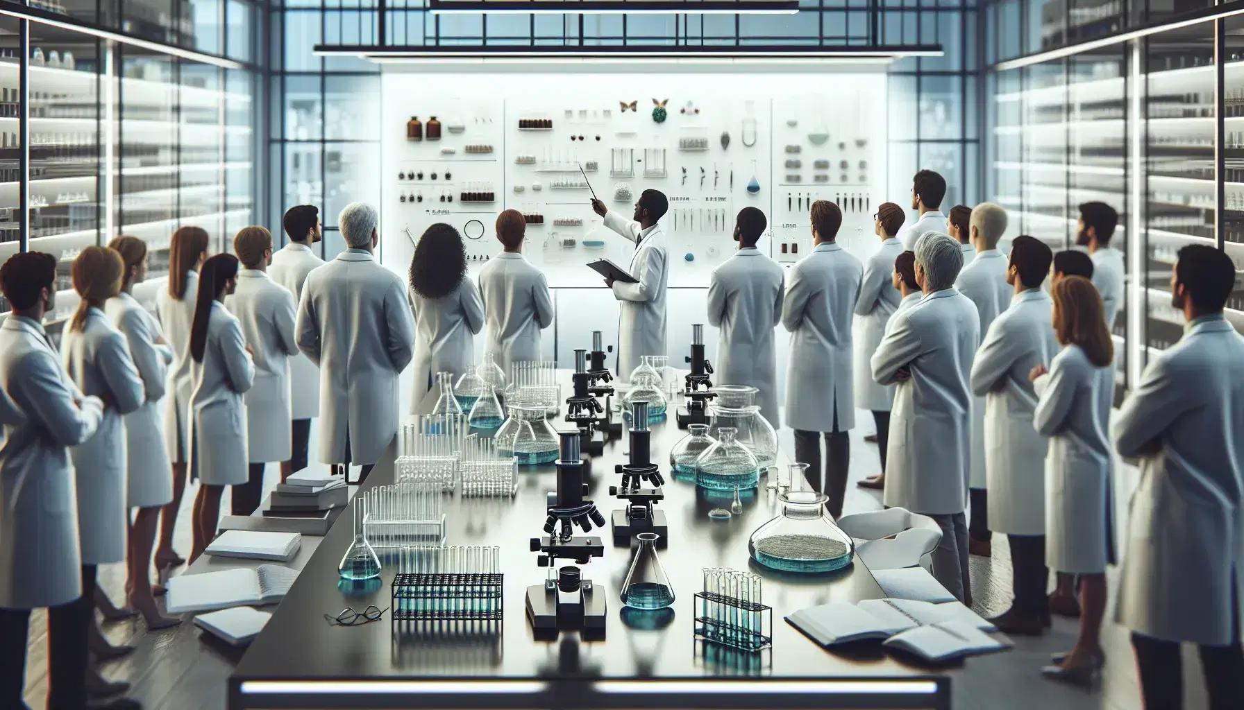 Grupo diverso de científicos en laboratorio atendiendo una explicación, con microscopios y material de laboratorio en primer plano y estantes con frascos al fondo.