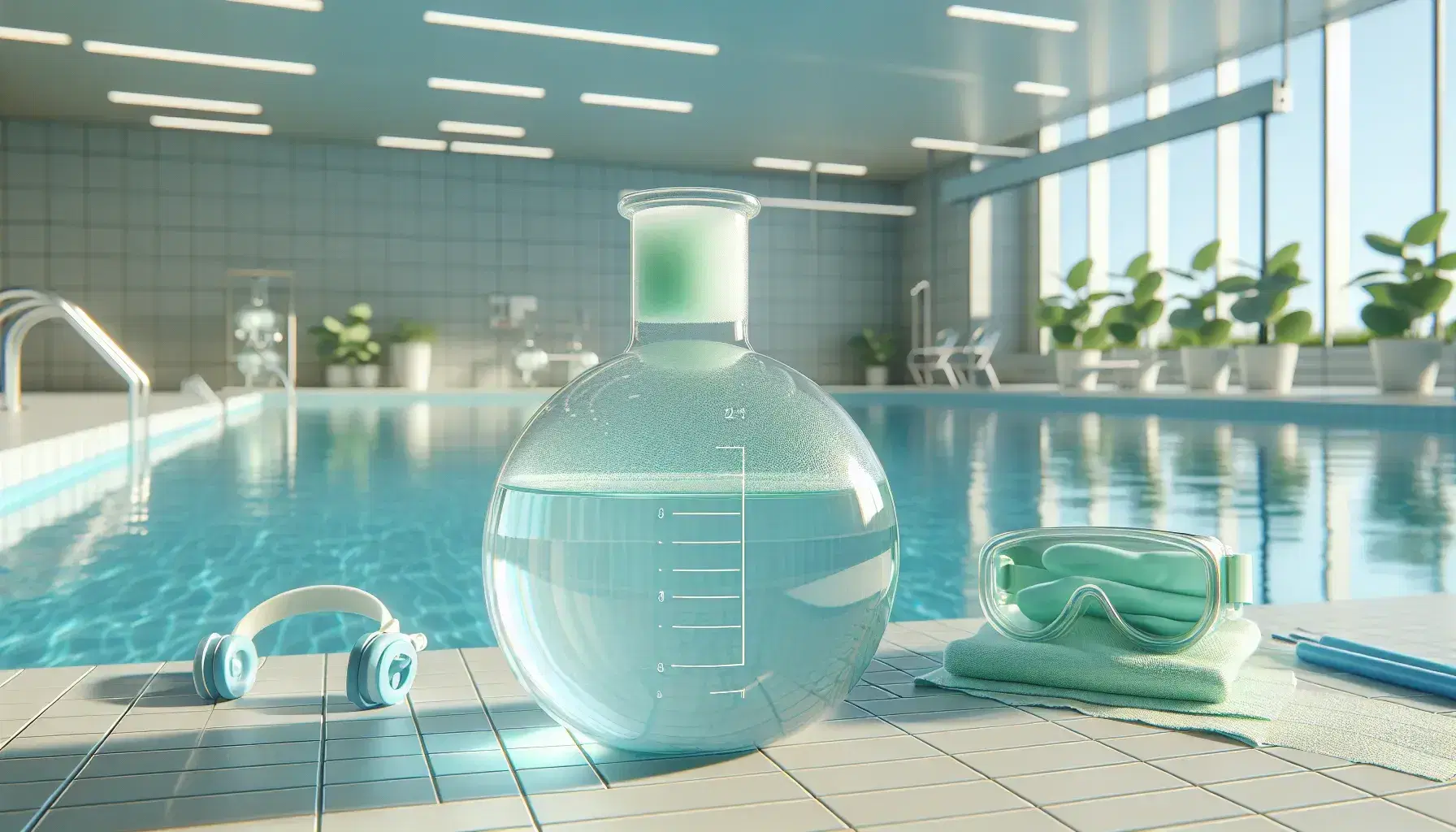 Glass bottle with sealed pale green chlorine gas, blue rubber gloves and safety glasses beside, swimming pool with crystal clear water in the background.