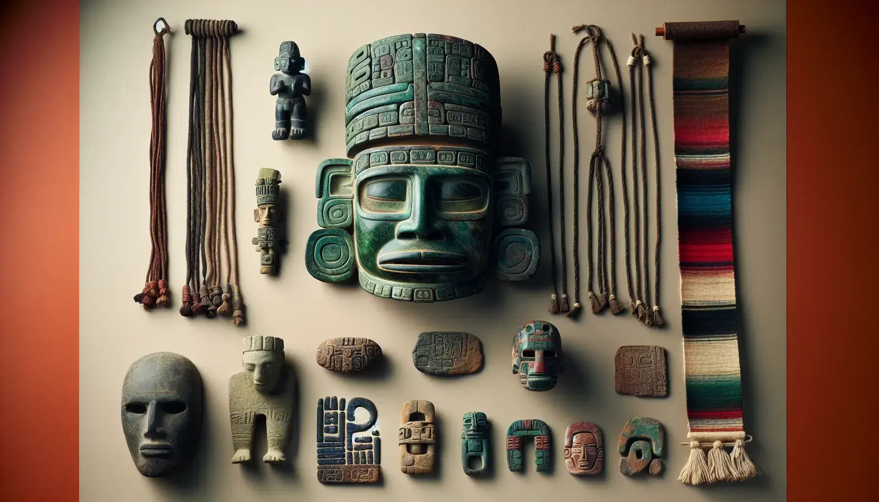 Máscara ceremonial maya de jade, estatuilla de sacerdote, fragmento de cerámica pintada, quipu inca y flauta de pan precolombina en fondo neutro.