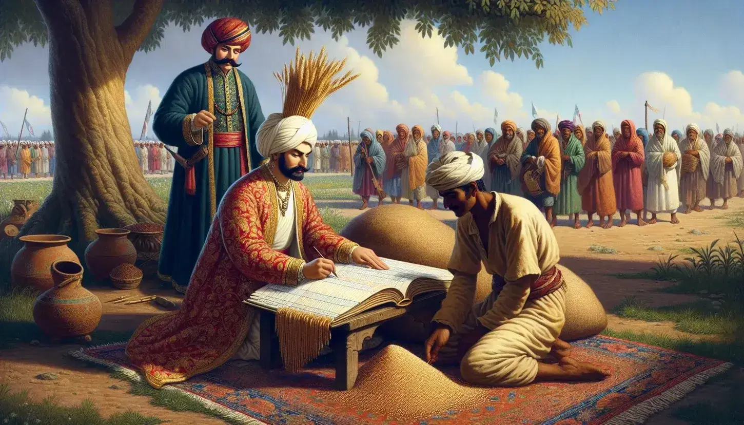 Mughal-era tax collector in red and gold tunic records payments in ledger as peasants queue with grain and livestock under a lush tree.